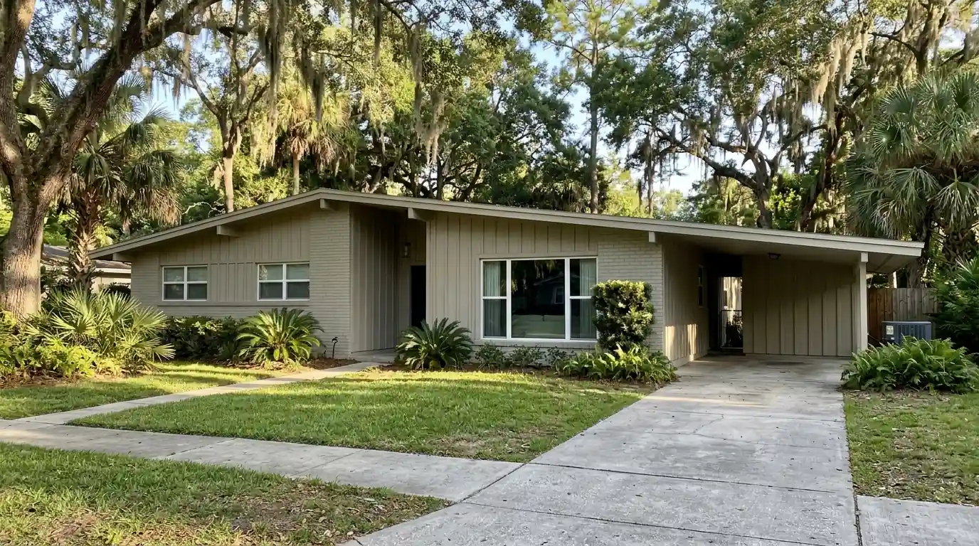 photo, mid-century modern ranch home in Arlington Jacksonville with a low-pitched roof and a heat pump on a side pad, Jacksonville Florida home, natural light, prestonreeves-jax-area-arlington-1