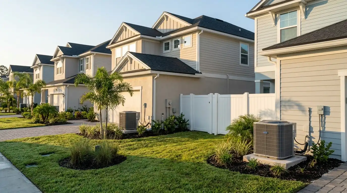 photo, row of newer Nocatee homes with matching condensers on side pads, landscaped yards, morning light, Jacksonville Florida home, natural light, prestonreeves-jax-area-nocatee-1