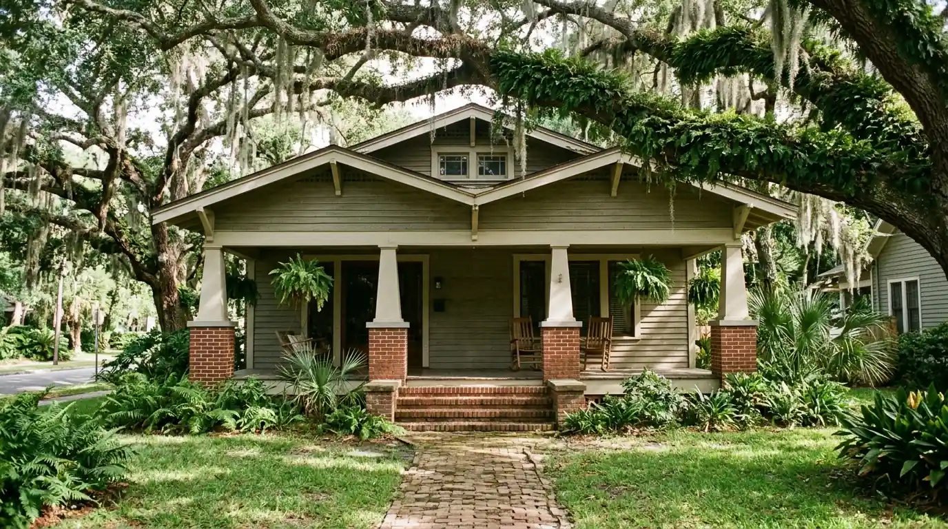 photo, historic Riverside Jacksonville bungalow with a deep front porch under live oaks, Jacksonville Florida home, natural light, prestonreeves-jax-guide-hvac-older-homes-riverside-avondale-1