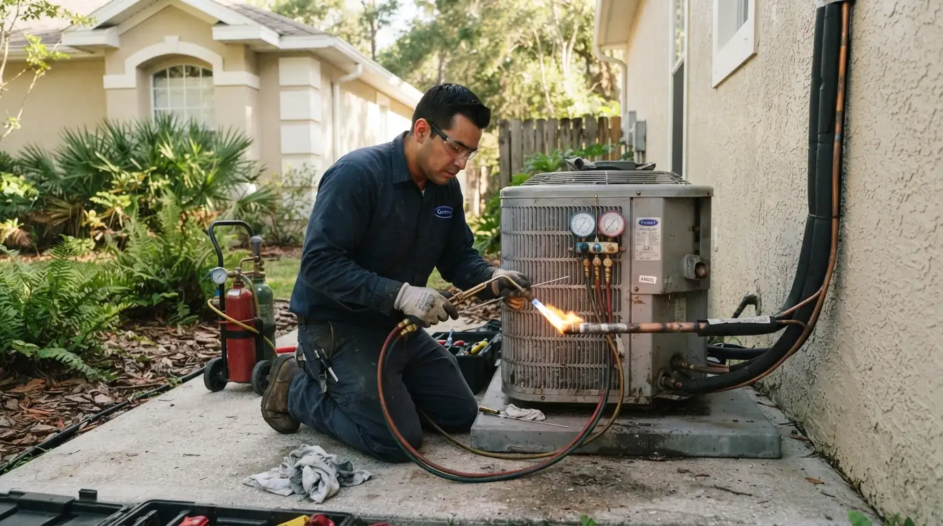 Technician rebrazing a leaking line set joint