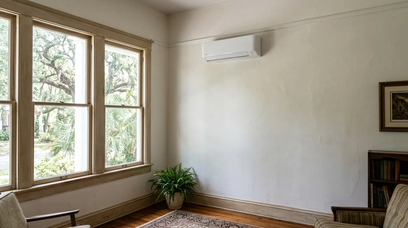 photo, ductless mini split indoor head mounted high on a plaster wall in an older Jacksonville home, Jacksonville Florida home, natural light, prestonreeves-jax-guide-hvac-older-homes-riverside-avondale-2