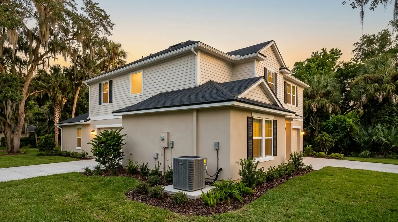 photo, two-story Fleming Island Florida home near Doctors Lake with a variable speed condenser on a side pad, evening light, Jacksonville Florida home, natural light, prestonreeves-jax-area-fleming-island-1
