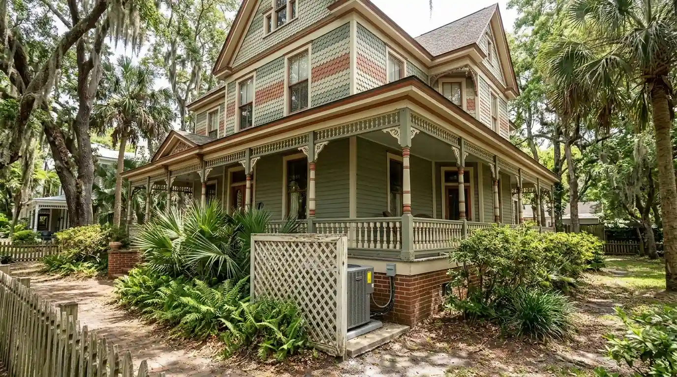 photo, Victorian Queen Anne house in Fernandina Beach historic district with a ductless condenser screened by lattice, Jacksonville Florida home, natural light, prestonreeves-jax-area-fernandina-beach-1