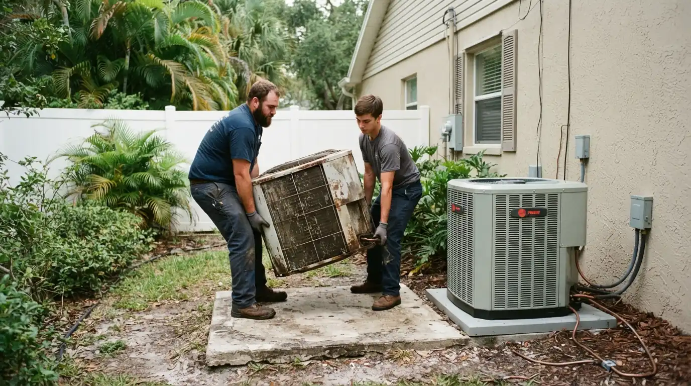 Old AC condenser being removed during a Jacksonville replacement