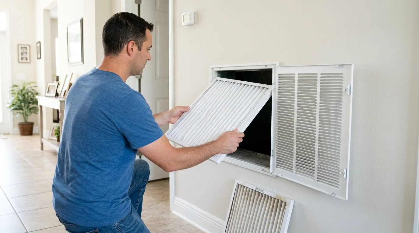 photo, homeowner replacing a pleated air filter in a hallway return grille, Jacksonville Florida home, natural light, prestonreeves-jax-guide-ac-maintenance-checklist-jacksonville-1