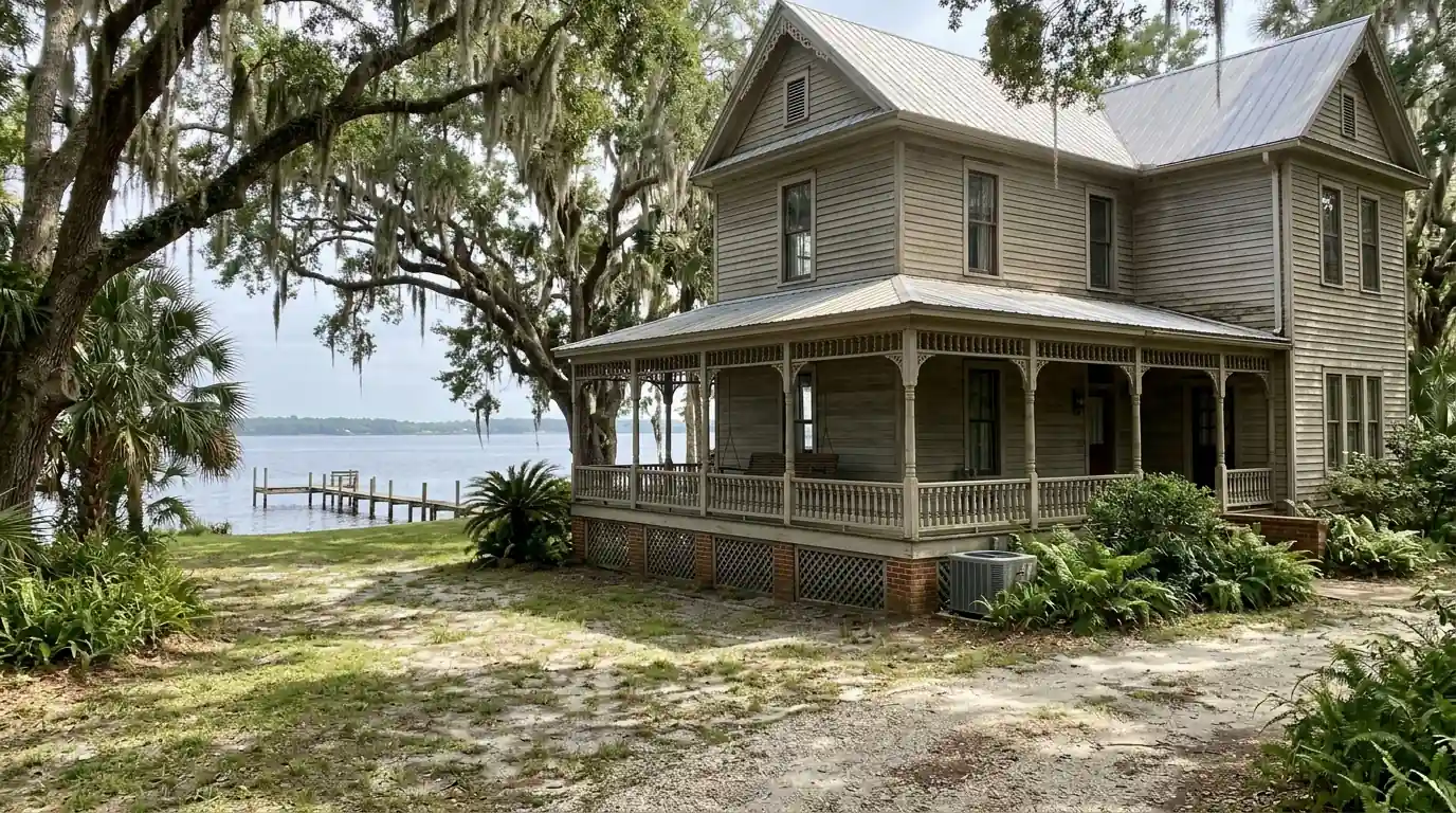 photo, historic riverfront home in Green Cove Springs Florida with live oaks and a small condenser beside the porch, Jacksonville Florida home, natural light, prestonreeves-jax-area-green-cove-springs-1