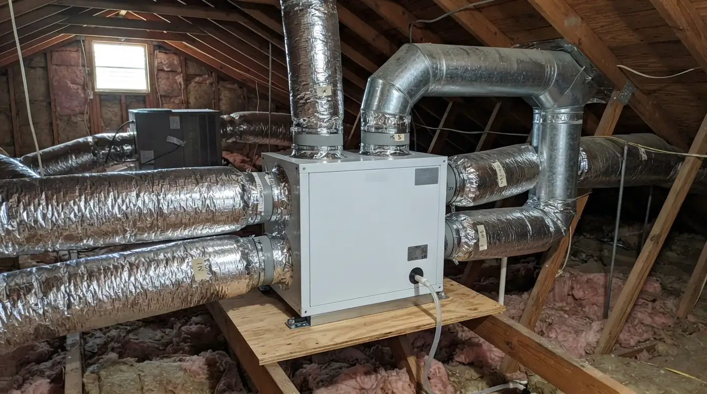 ERV with its four duct connections in an attic