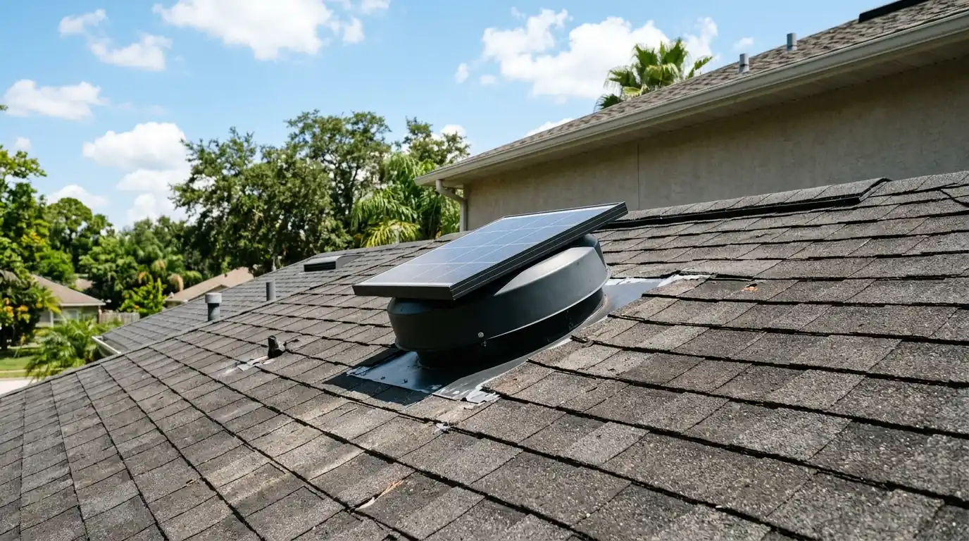 photo, solar powered attic fan on an asphalt shingle roof of a Florida home under a bright sky, Jacksonville Florida home, natural light, prestonreeves-jax-attic-fan-installation-1