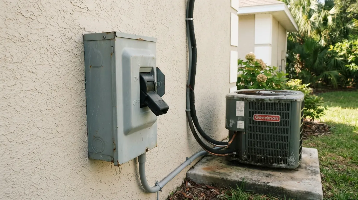 Outdoor AC disconnect box next to a condenser